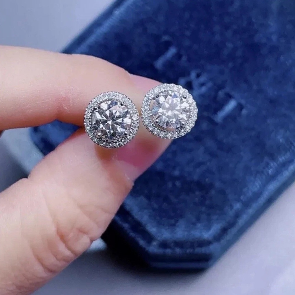 4 Ct Round Cut FL/D Lab Created Halo Stud Earrings 14K White Gold 8mm Push Back